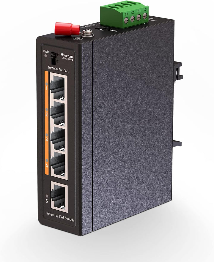 MokerLink 5 Port PoE+ Industrieller DIN-Schienen-Switch, 4 Ports PoE+ IEEE802.3af/at, 1 Uplink, 10/1