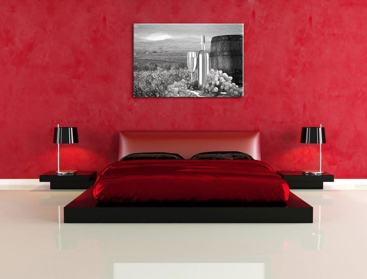 Pixxprint Weinreben mit Weinflasche und Fass als Leinwandbild/Grösse: 100x70 cm/Wandbild/Kunstdruck/