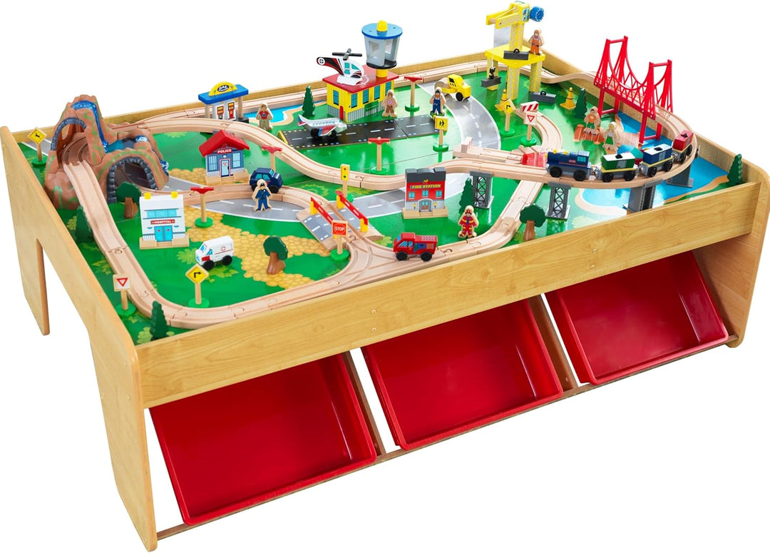 KidKraft Holzeisenbahn und Spieltisch Waterfall Mountain mit Aufbewahrungsbox, Eisenbahn mit Zubehör