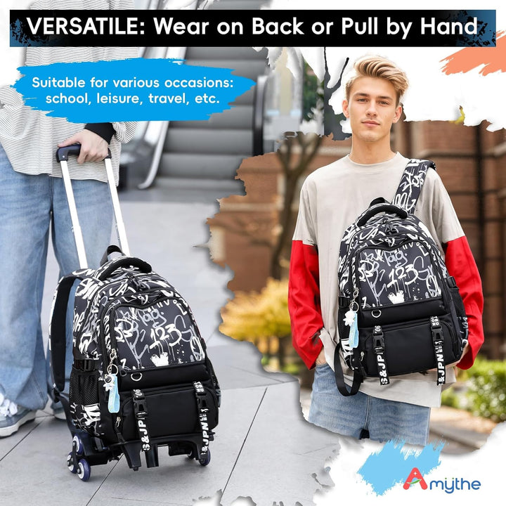 Amythe Schulrucksack Trolley für Jungen, Schulranzen mit Rollen für Kinder Teenager, Modischer Schul
