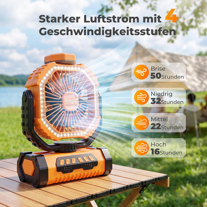 Outdoor Camping Ventilator mit Licht, 20000mAh Akku, wiederaufladbarer tragbarer Ventilator mit Fern