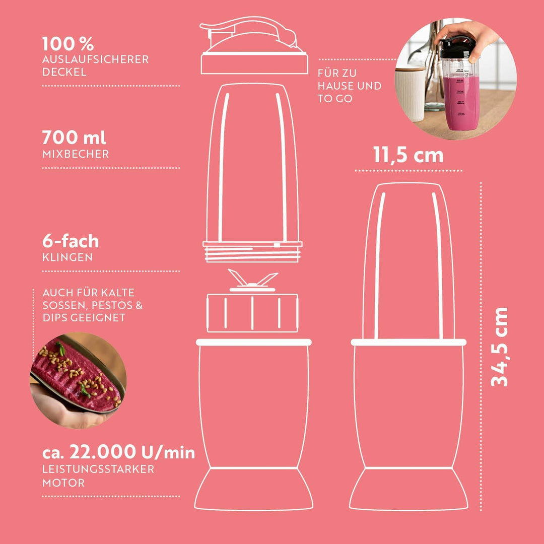 GOURMETmaxx Nutrition Mixer | Smoothie Maker - 4-tlg. | Standmixer mit grossem 700-ml-Mixbecher & To