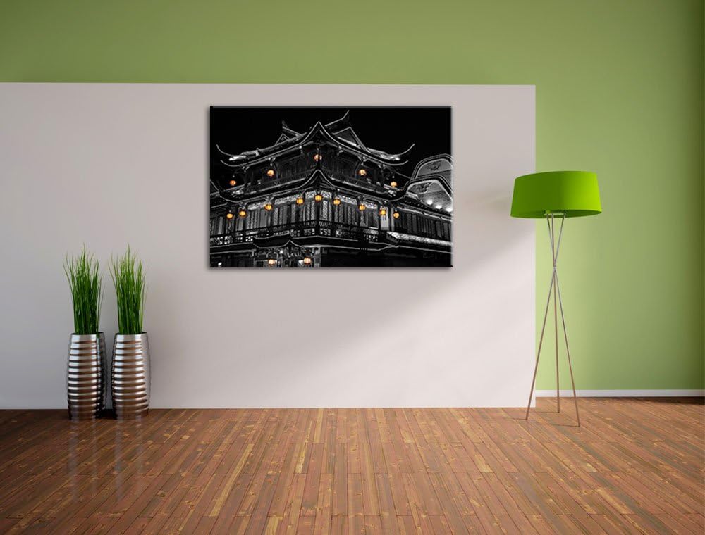 Dark traditionelles chinesisches Haus schwarz/weiss auf Leinwand, XXL riesige Bilder fertig gerahmt