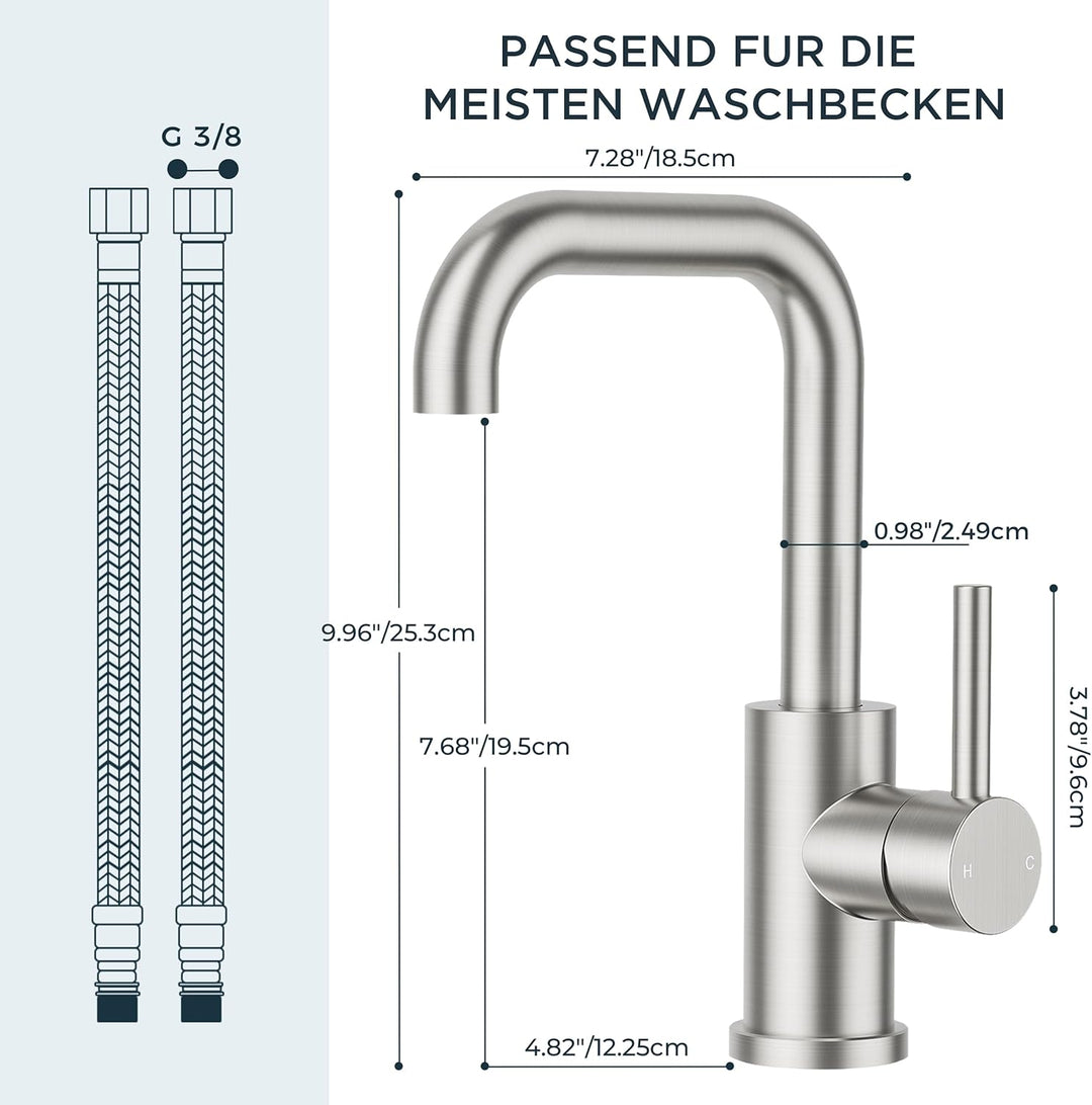 FORIOUS Wasserhahn Bad Hoch 360° Drehbar, Edelstahl Waschtischarmatur Hoch mit Warm/Kaltwasser Misch