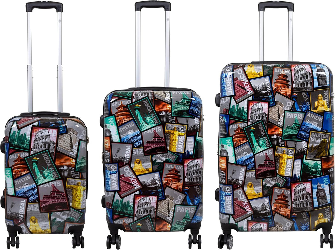 Trendyshop365 Koffer-Set 3-teilig Hartschale - bunt Motiv Weltreise Rio Athen Paris Kofferset 3-teil