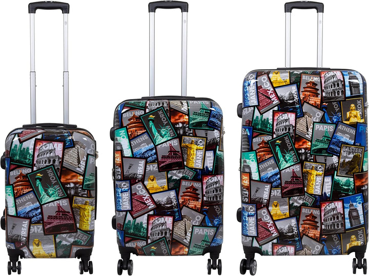 Trendyshop365 Koffer-Set 3-teilig Hartschale - bunt Motiv Weltreise Rio Athen Paris Kofferset 3-teil