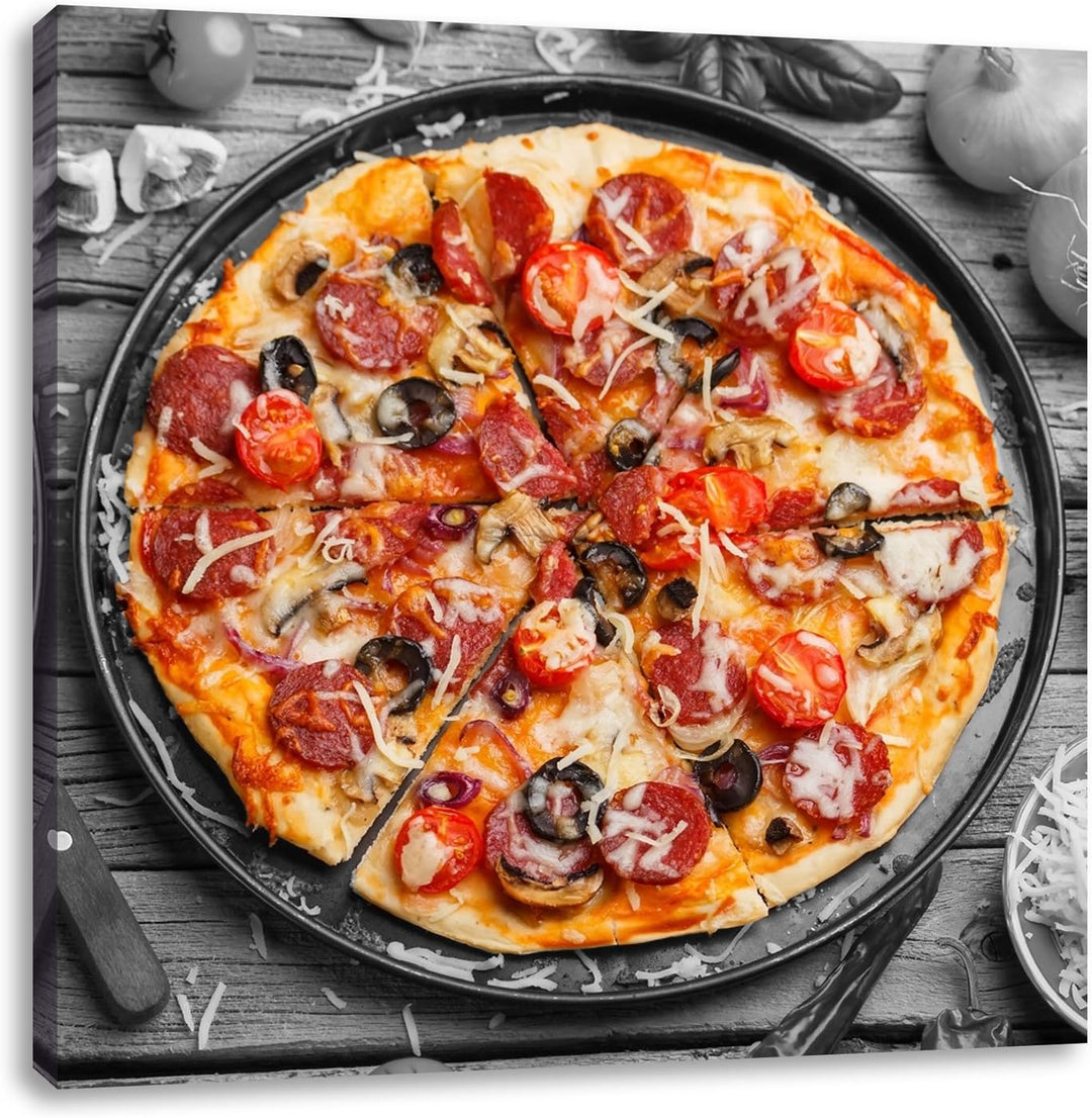 Pixxprint köstliche Pizza auf Pizzablech schwarz/weiss, Format: 70x70 auf Leinwand, 70x70