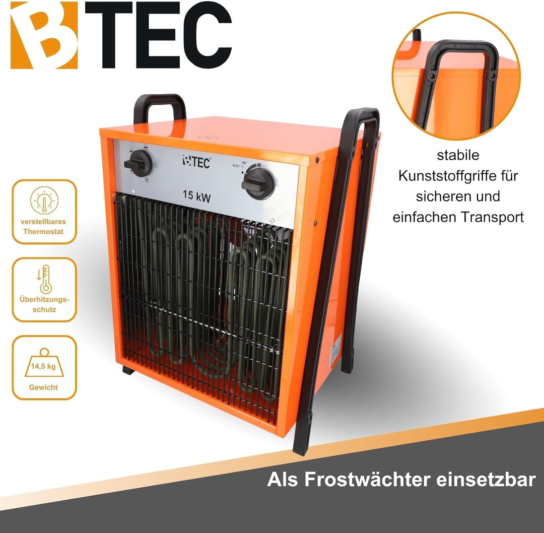 BTEC Heizlüfter 15000 Watt - Elektroheizer - 3 Heizstufen - Frostwächter - Perfekt für Baustelle, We