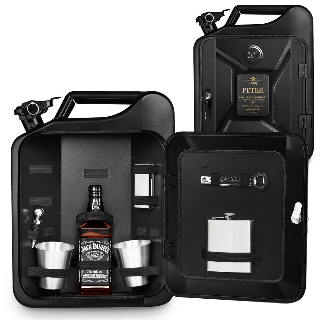 Maverton 20L Kanister Mini Bar mit Gravur - Jerrycan schwarzer Metall Mobile Bar - Geburtstagsgesche