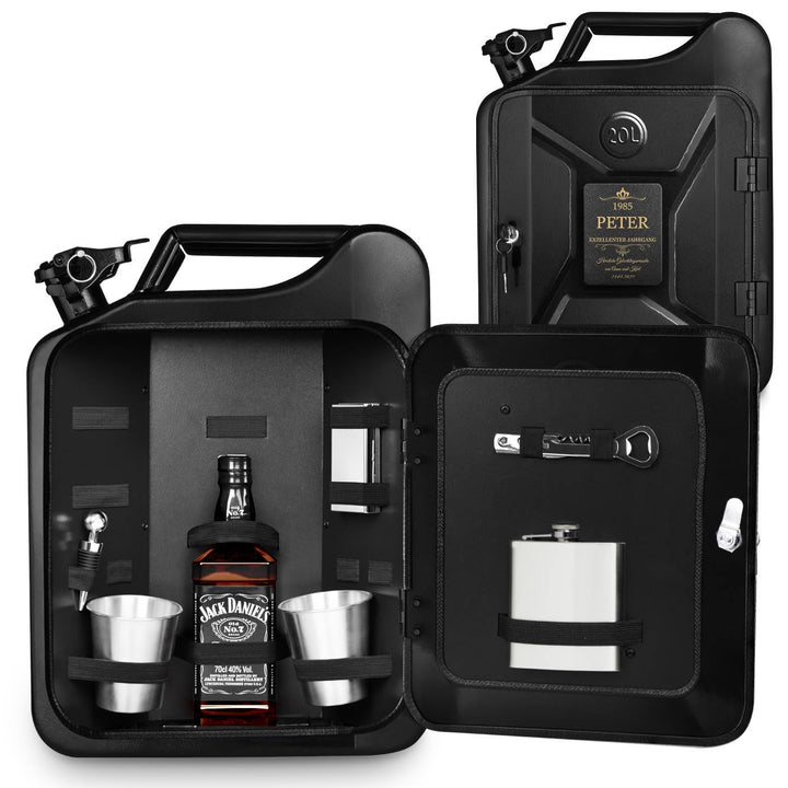 Maverton 20L Kanister Mini Bar mit Gravur - Jerrycan schwarzer Metall Mobile Bar - Geburtstagsgesche