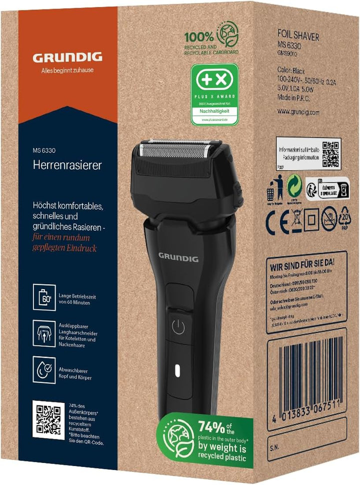 GRUNDIG MS 6330 Herrenrasierer, 60 Min Betriebszeit, Ausklappbarer Langhaarschneider, 3-fach Schneid