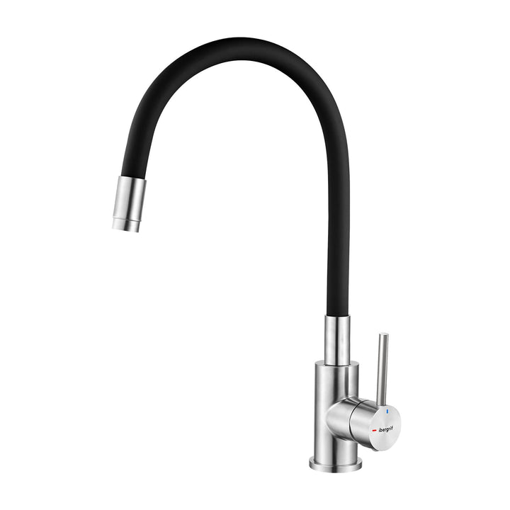 Ibergrif, Einhebel Küchenarmatur, Wasserhahn für Küche mit Schwarz Flexibler Auslauf, Supersteel, Sc