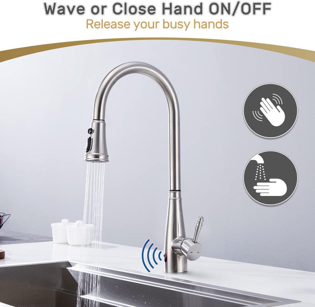 Touchless Sensor Wasserhahn Küche, YUANNY Küchenarmatur mit Ausziehbar Brause, 360° Drehbar Edelstah