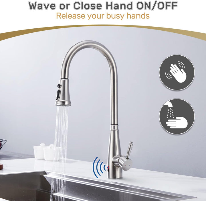 Touchless Sensor Wasserhahn Küche, YUANNY Küchenarmatur mit Ausziehbar Brause, 360° Drehbar Edelstah