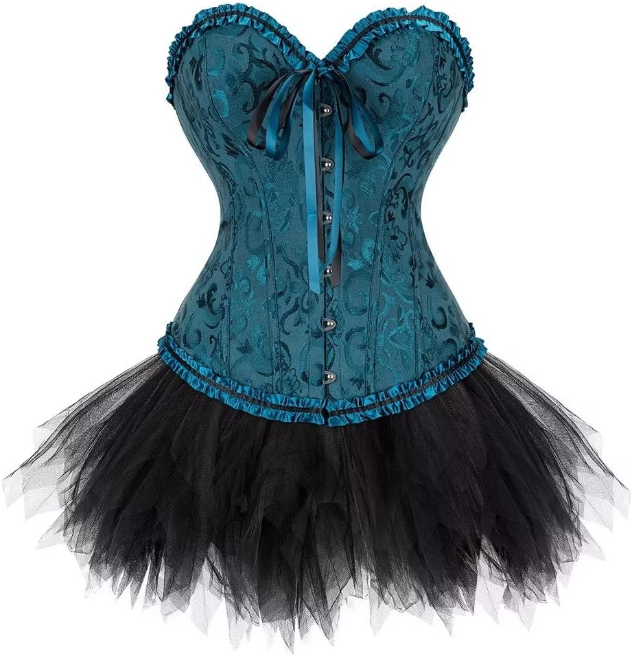 Korsett Schwarz Corsage Kleid Rock elegant Kostüm mit korsettkleid Spitze Lace nrock sexy Karneval F