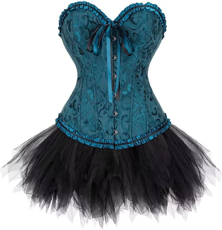 Korsett Schwarz Corsage Kleid Rock elegant Kostüm mit korsettkleid Spitze Lace nrock sexy Karneval F