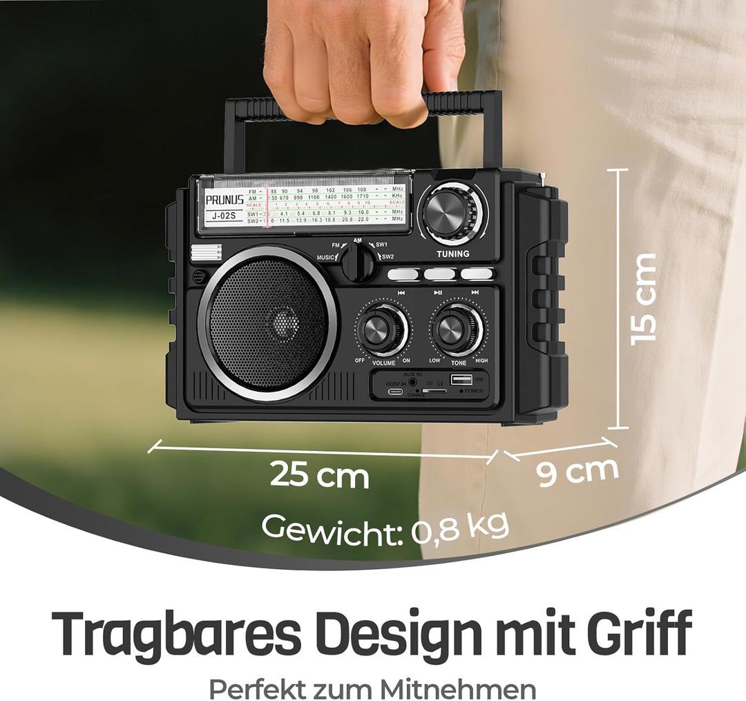 PRUNUS J-02 AM/FM/SW Weltempfänger Radio Klein, Solar Radio mit Akku 1800mAh oder D-Zellen Batterien