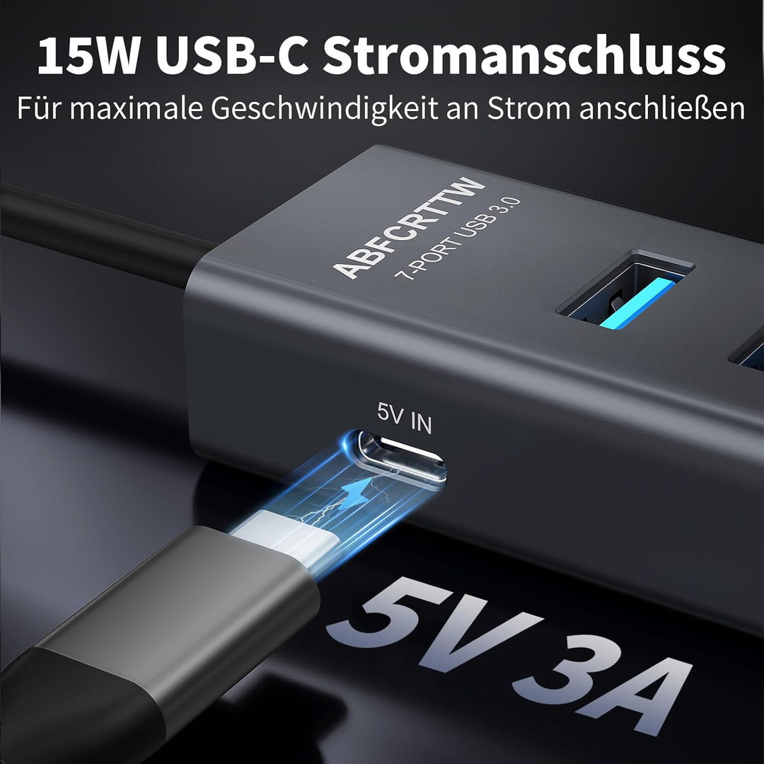 7-Port USB Hub 3.0 mit 120cm Kabel für Desktop, Aluminium USB Verteiler 5Gbps Multiport Adapter mit
