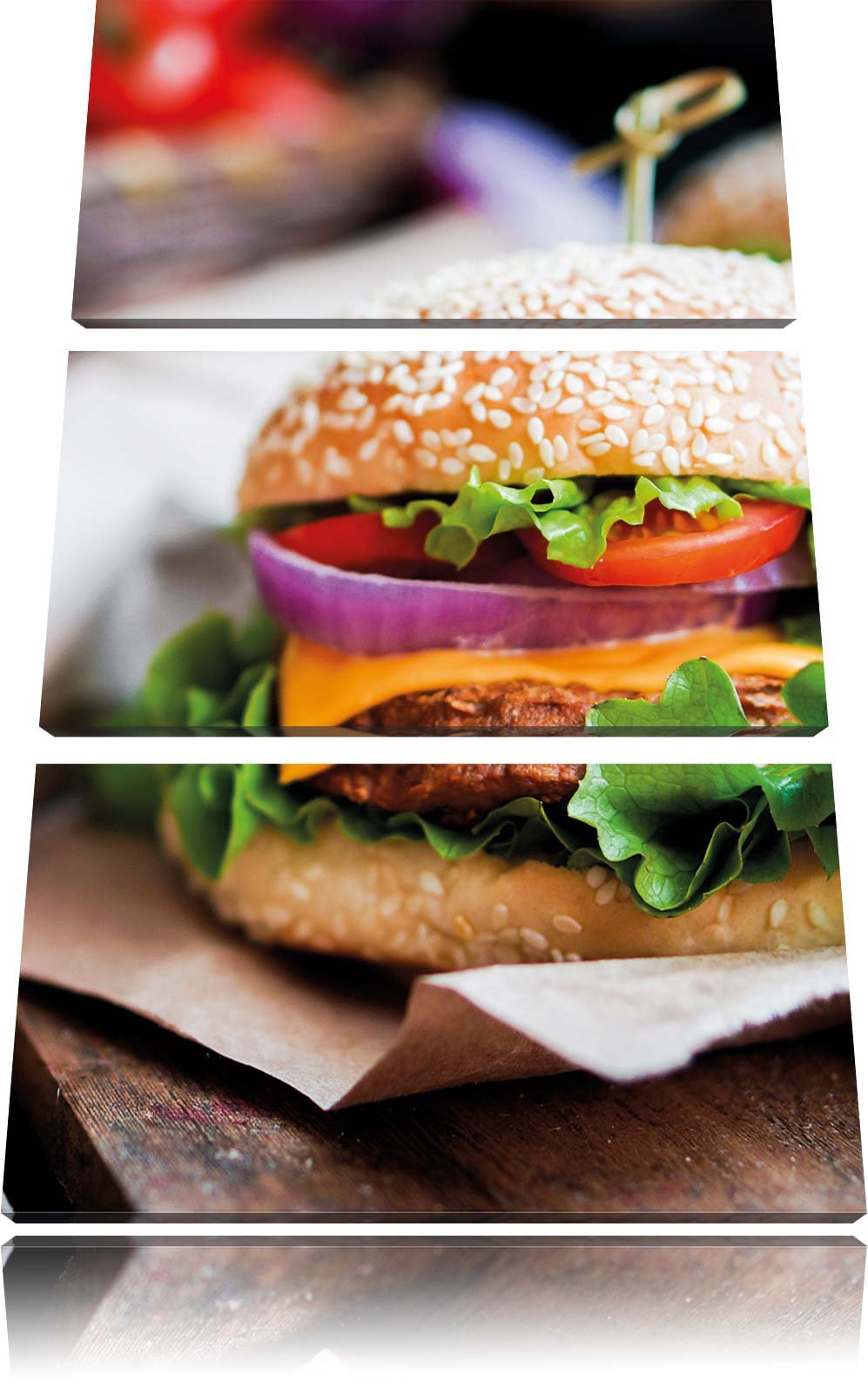Pixxprint Burger und Pommes als Leinwandbild/Grösse: 3 Teilig (120x80) cm/Wandbild/Kunstdruck/fertig