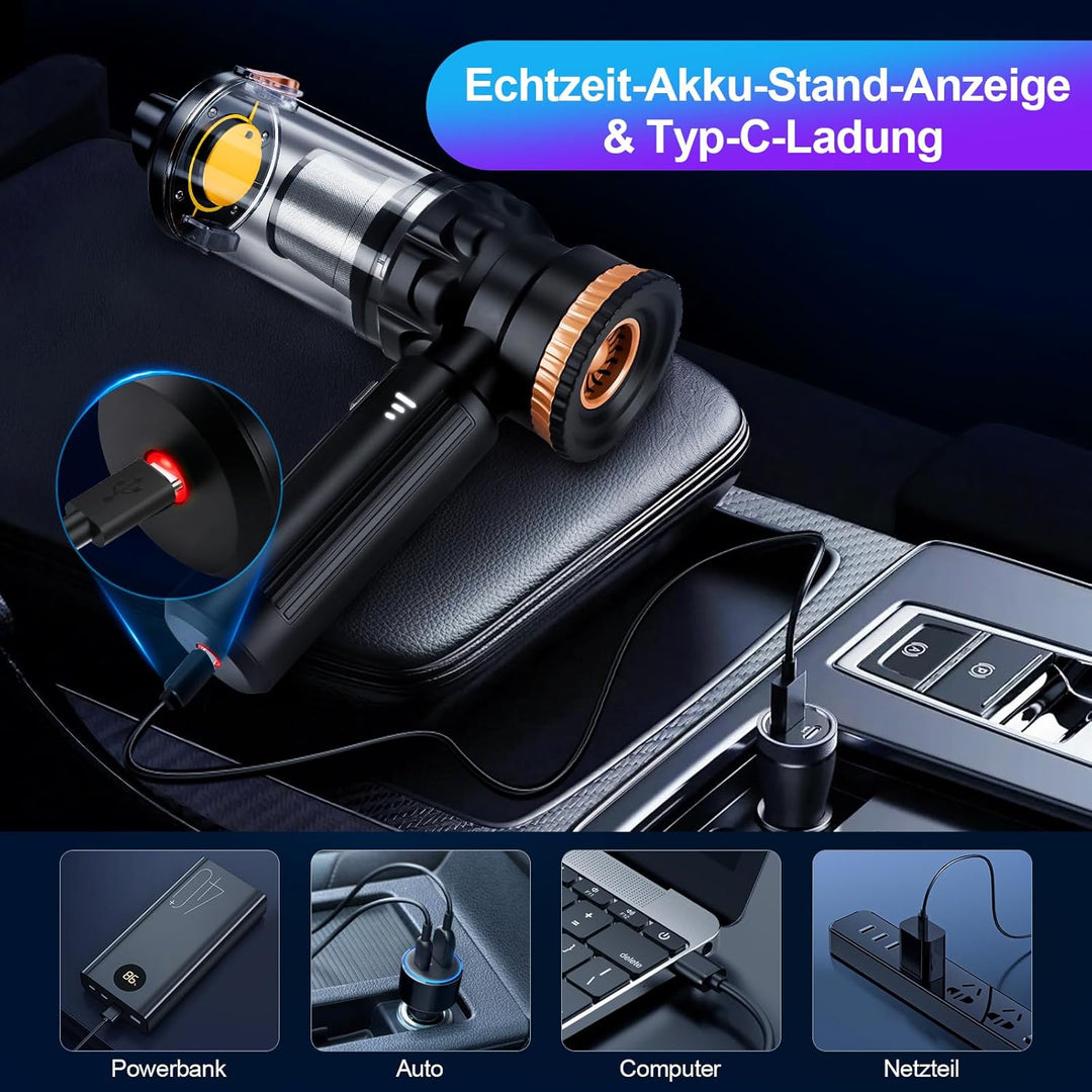 Handstaubsauger Auto, 4-in-1 Handstaubsauger Akku Kabellos, 28000Pa Autostaubsauger, 3-Gang Auto Min