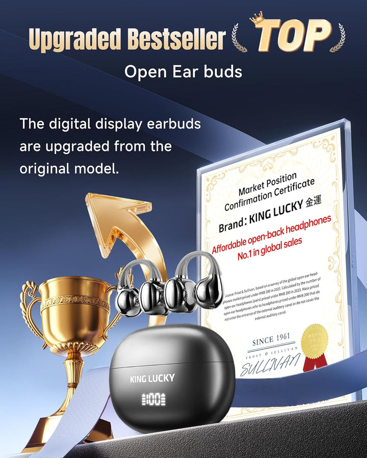 King Lucky Open-Ear-Kopfhörer Kabellos Bluetooth 6.0–Clip-On-Ohrhörer mit Mikrofon,mit Akkuanzeige,5