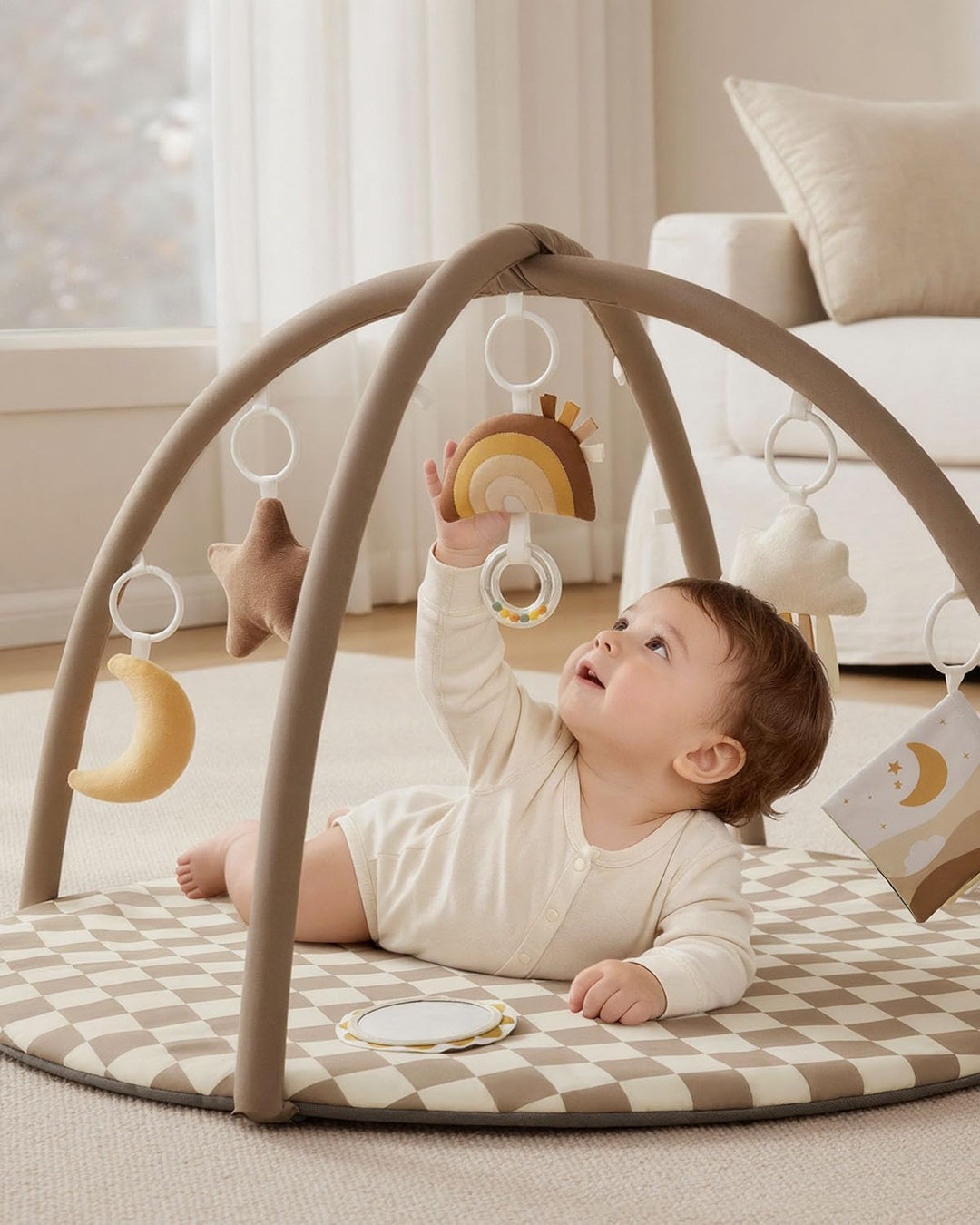 Blissful Diary Spielbogen Baby, Spieldecke Baby Gym Activity Decke mit 6 Abnehmbare Spielzeuge, krab