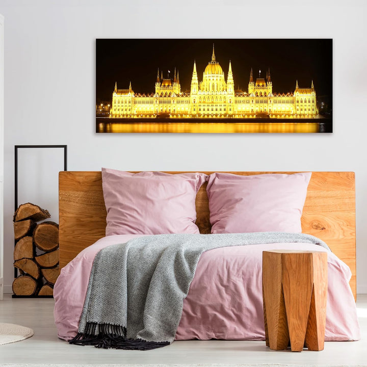wandmotiv24 Leinwandbild Budapest bei Nacht 100x40cm (BxH) Bilder auf Leinwand, Dekoration Wohnung m