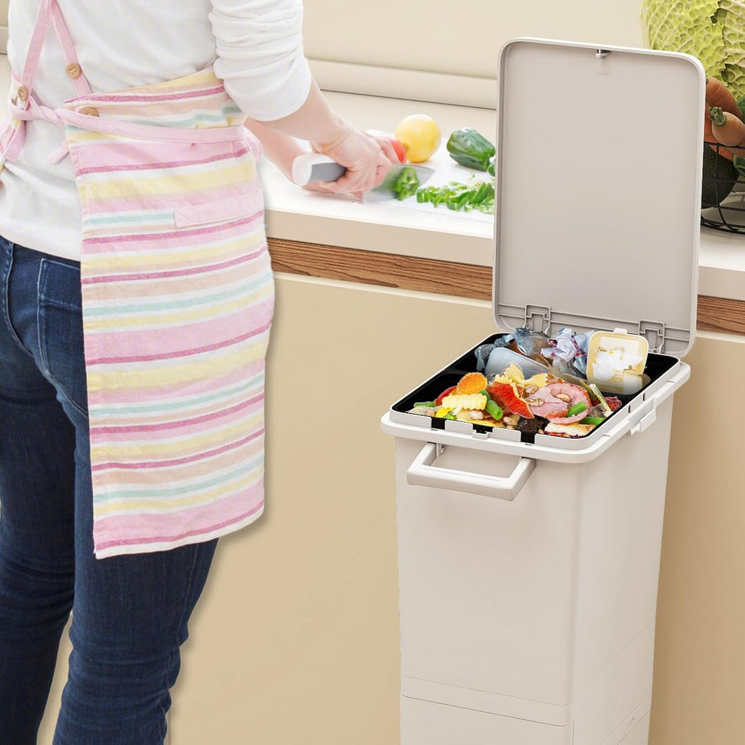 GOPLUS Mülleimer 3 Fächer, 32L Abfalleimer Küche mit Rollen, Mülltrennsystem mit Kippbehälter, Decke