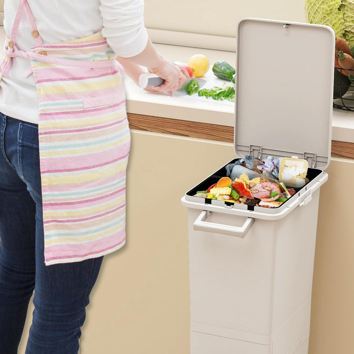 GOPLUS Mülleimer 3 Fächer, 32L Abfalleimer Küche mit Rollen, Mülltrennsystem mit Kippbehälter, Decke