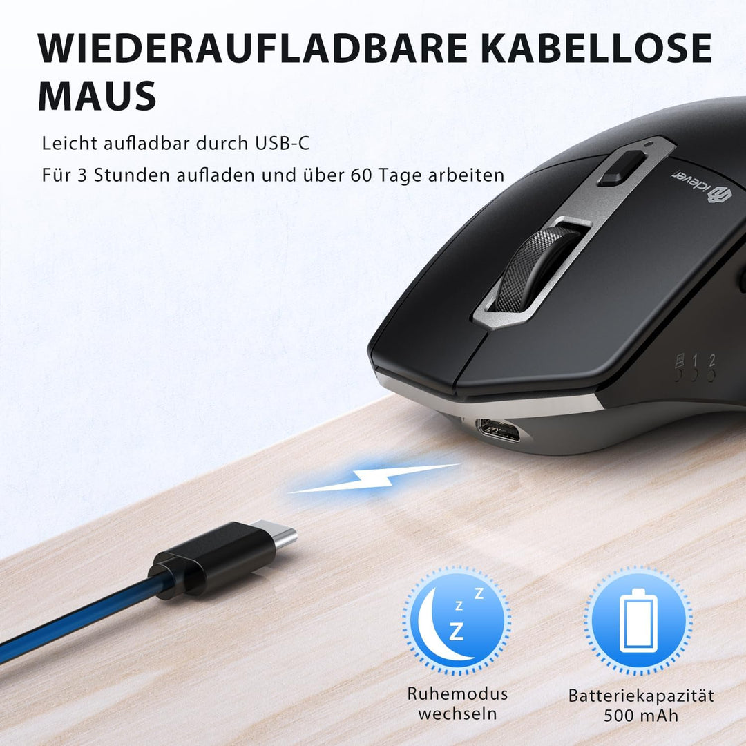 iClever Kabellose Bluetooth Maus, wiederaufladbare Bluetooth-Funkmaus, Ergonomische Maus kabellos fü