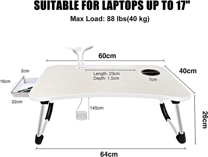 A3A ACADGQ Laptoptisch, Laptop Betttisch Klappbar, Notebook Tisch mit 4 USB-Ladeanschluss, Schublade