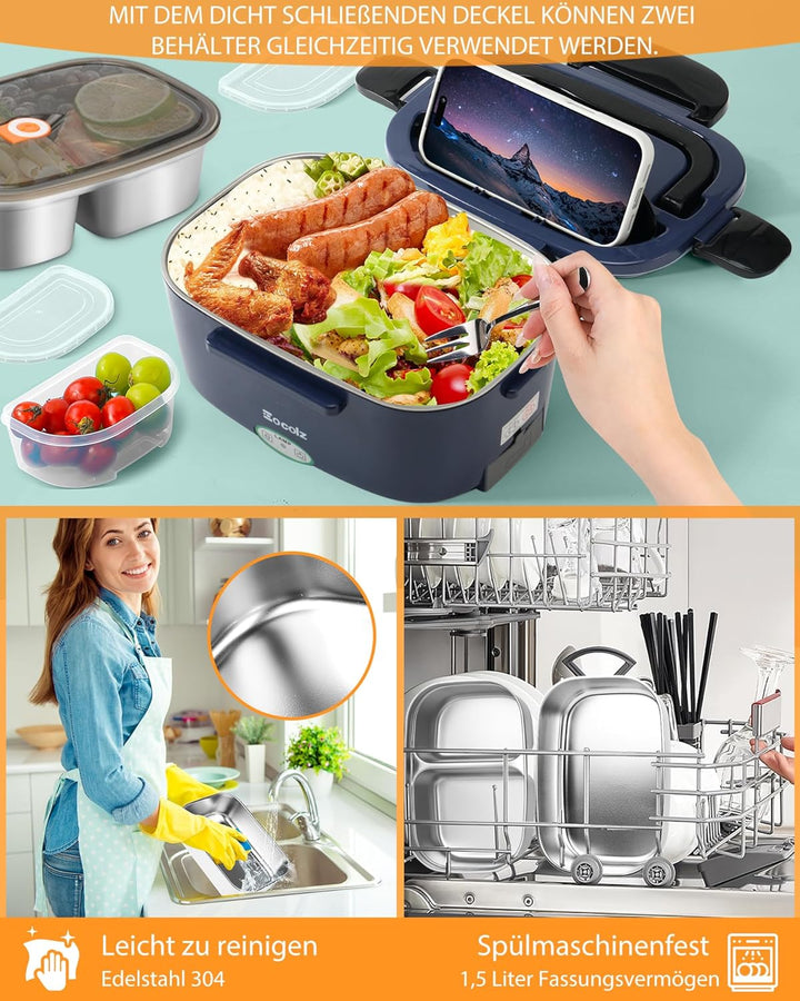 Eocolz Elektrische Lunchbox mit Speisenwärmer 80-100W, tragbarer 1,5L-Behälter mit zwei Behältern fü