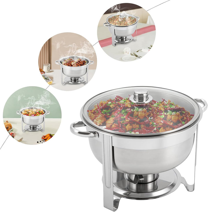Edelstahl Chafing Dish Set 8,5L Warmhaltebehälter Rund Speisenwärmer mit Glasdeckel Chafing Dishes f