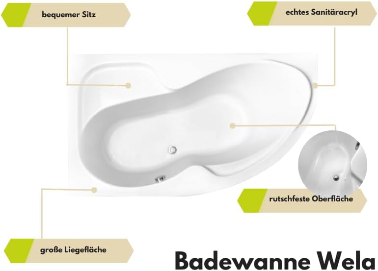ECOLAM® Eckbadewanne WELA 170x100 cm LINKS mit Acrylschürze| Badewanne Acrylwanne Acryl + Schürze +