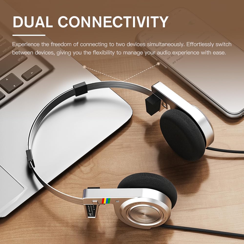 iKF R3 Kopfhörer Kabellos Bluetooth Retro, Vintage On Ear Headphones, bis zu 60 Stunden Spielzeit, D