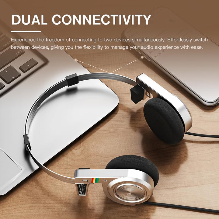 iKF R3 Kopfhörer Kabellos Bluetooth Retro, Vintage On Ear Headphones, bis zu 60 Stunden Spielzeit, D