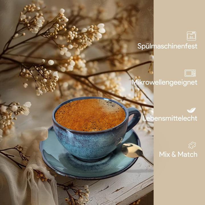 Espressotassen Set mit Untertassen 100ml, 4er Set bunt, handgefertigte Steingut Kaffeetassen, spülma