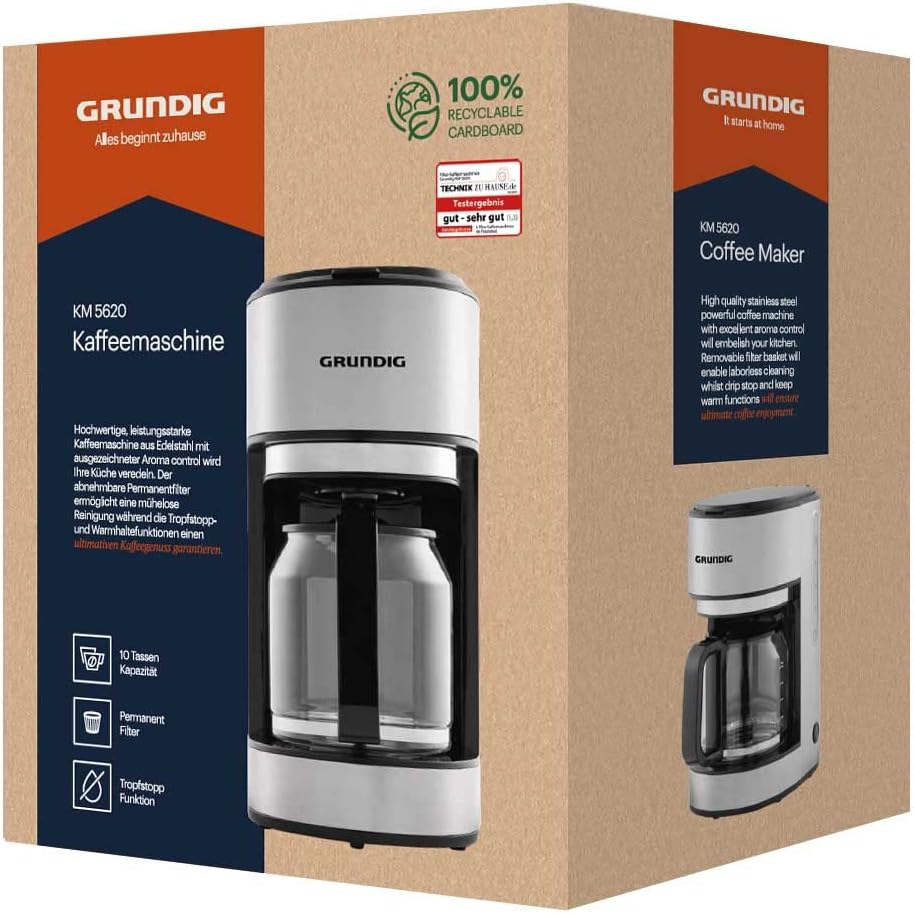Grundig KM5620 Kaffemaschine, 1000W, 10 Tassen (1,25l), 1000, Edelstahl/Schwarz