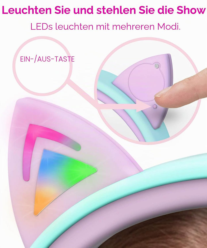 FosPower - Kopfhörer Kinder mit LED leuchten Katzenohren | 3,5mm On Ear Audio Kopfhörer für Kinder m