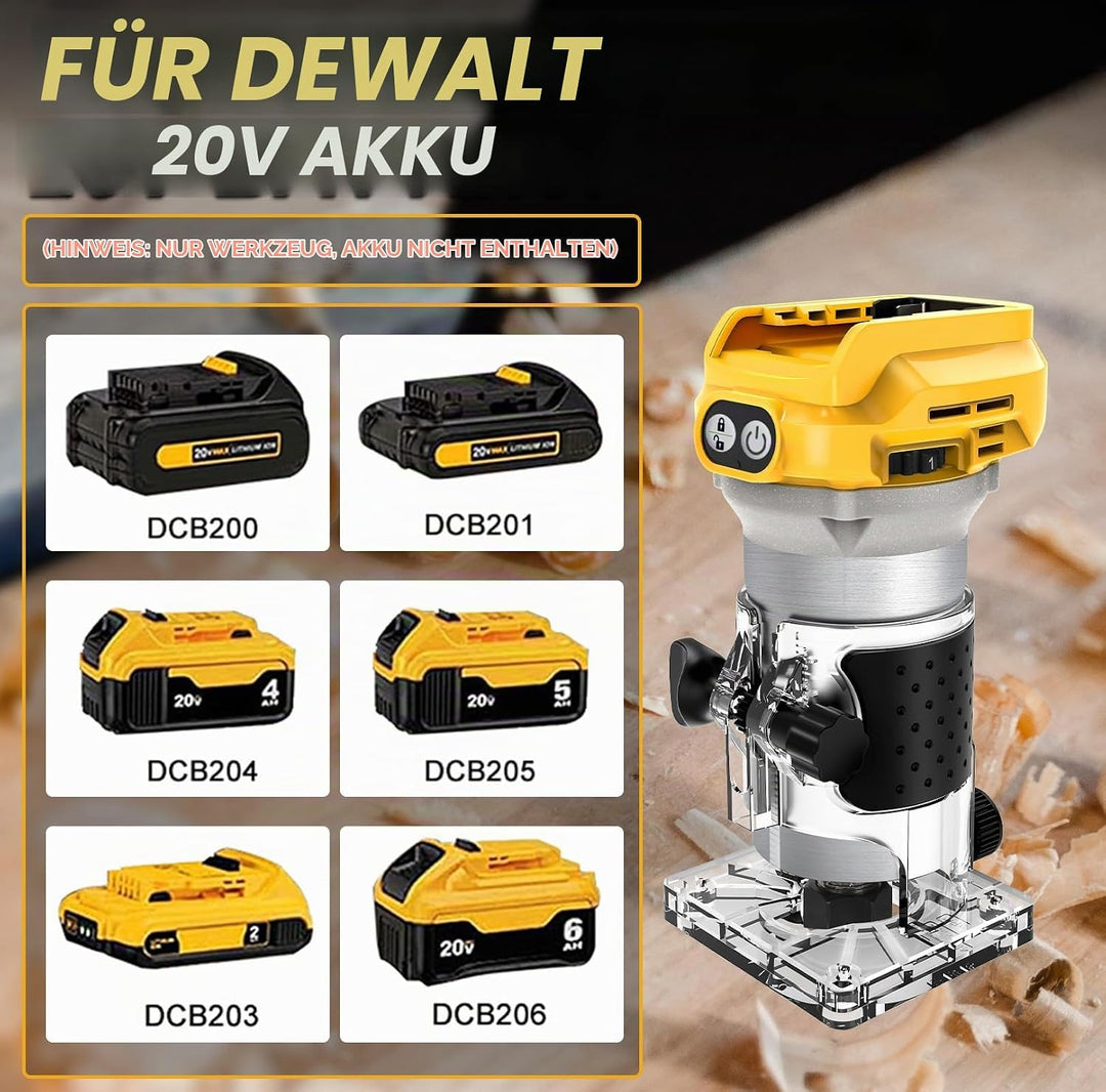 WingFly Akku Kantenfräser für Dewalt 18V,20v Batterien, Oberfräse Bürstenloser Tragbarer Handfräser