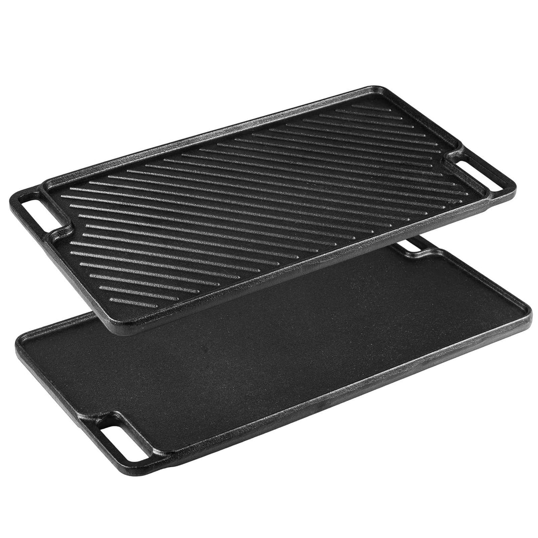 Gusseisen Grillpfanne Set 2-teilig, Vorgewürzte Grillplatte für BBQ