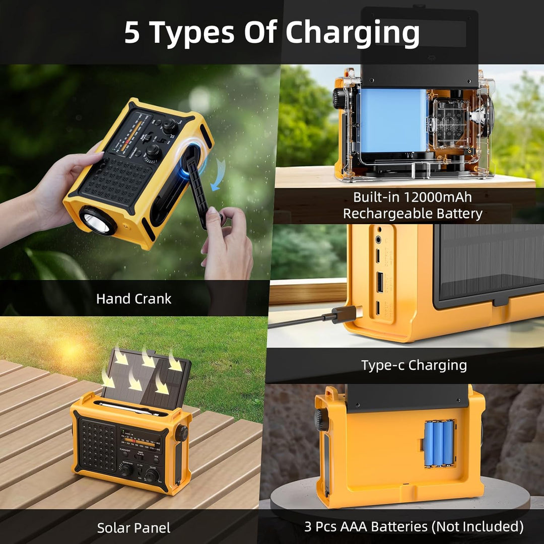 Solar Kurbelradio mit 12000mAh Akku Wiederaufladbare, Extra Grosse Solarpanel, AM/FM Notfallradio mi