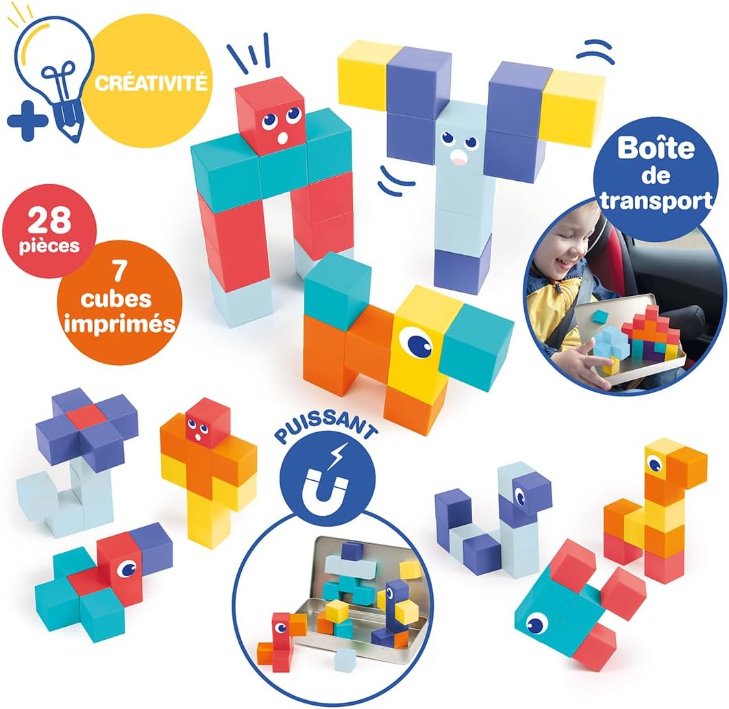 LUDI – Magnetische Würfel – Magnetisches Konstruktionsspiel für unterwegs – 28 Magnetwürfel – Metall