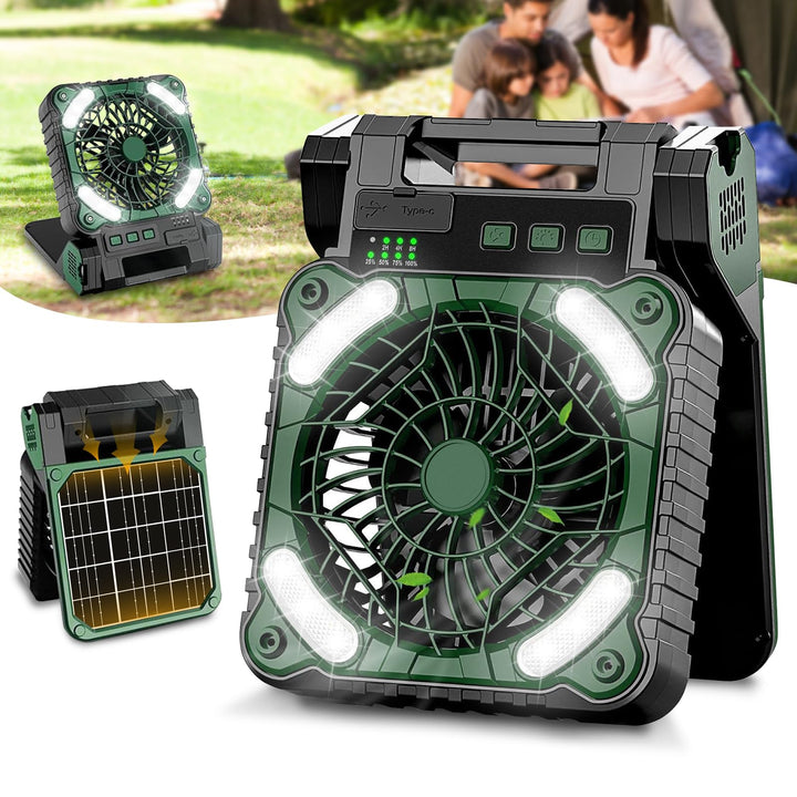 Camping Ventilator mit Akku 10400mAh, Solar Ventilator Outdoor mit LED-Licht, 4 Geschwindigkeiten Tr