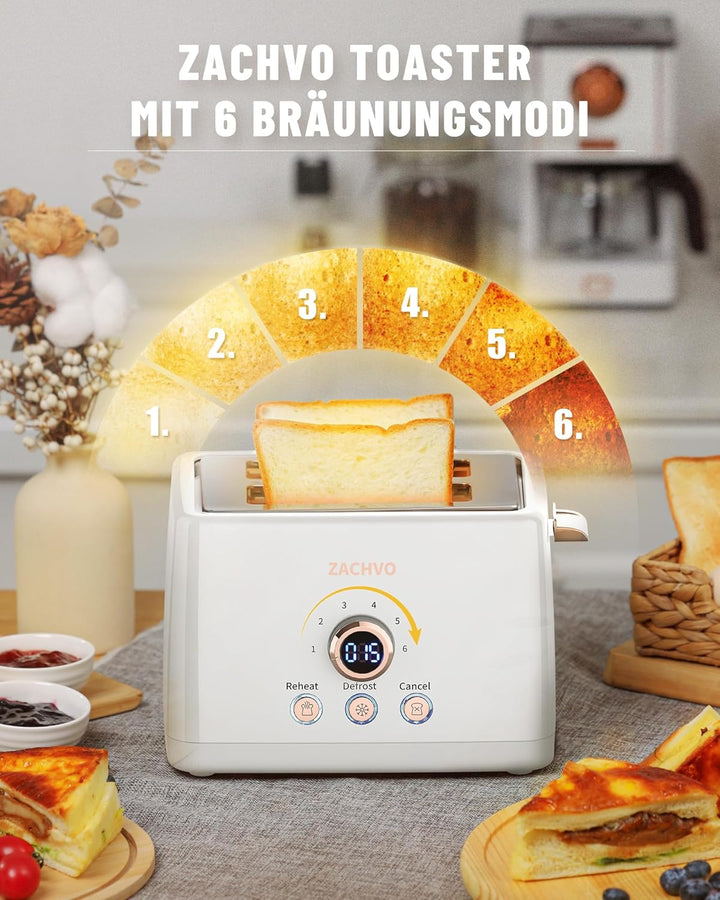 Toaster 2 Scheiben, ZACHVO Toaster mit Brötchenaufsatz, 6 Bräunungsstufe, 850W Herausnehmbare Krümel