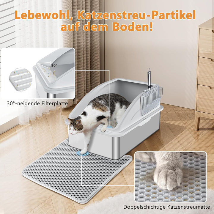 FURTIME Katzenklo Edelstahl XXL, Katzentoilette 28 L Grosse Kapazität, Auslaufsicher und Gegen Versc