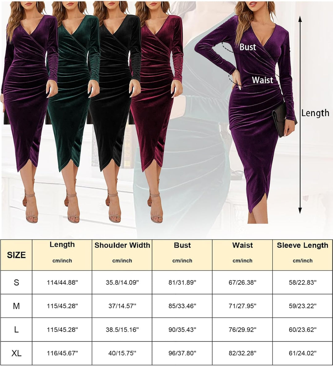 Yutdeng Kleid Lang Damen Elegant Partykleid Samt V Ausschnitt Cocktailkleid Abendkleid Bodycon Kleid