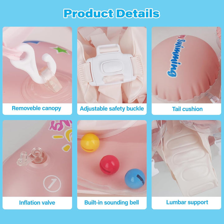 Baby Schwimmring mit Sonnendach Entfernbar, Schwimmring Baby mit Verstellbarer Sicherheitssitz, Kipp