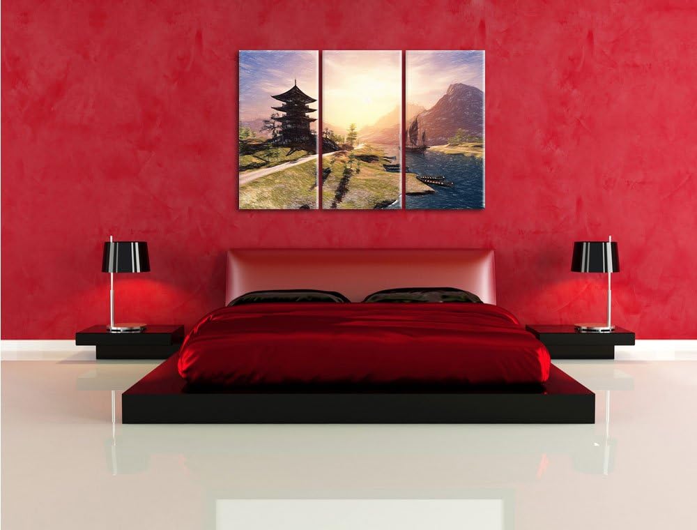 Pixxprint beeindruckender asiatischer Tempel an Fluss Kunst Buntstift Effekt 3-Teiler Leinwandbild 1