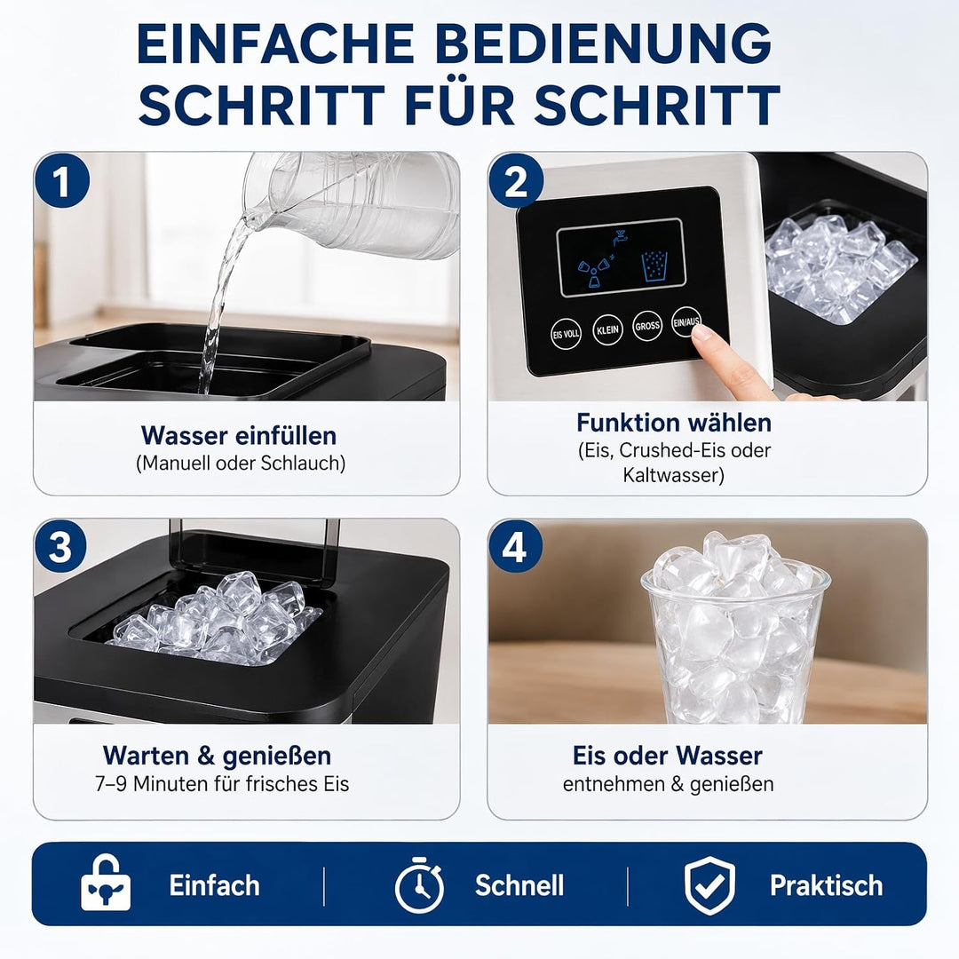 3-In-1 Eiswürfelbereiter mit Kaltwasserfunktion für Haus Küche Bar Café | 16 Eiswürfel 600G Eis Schn
